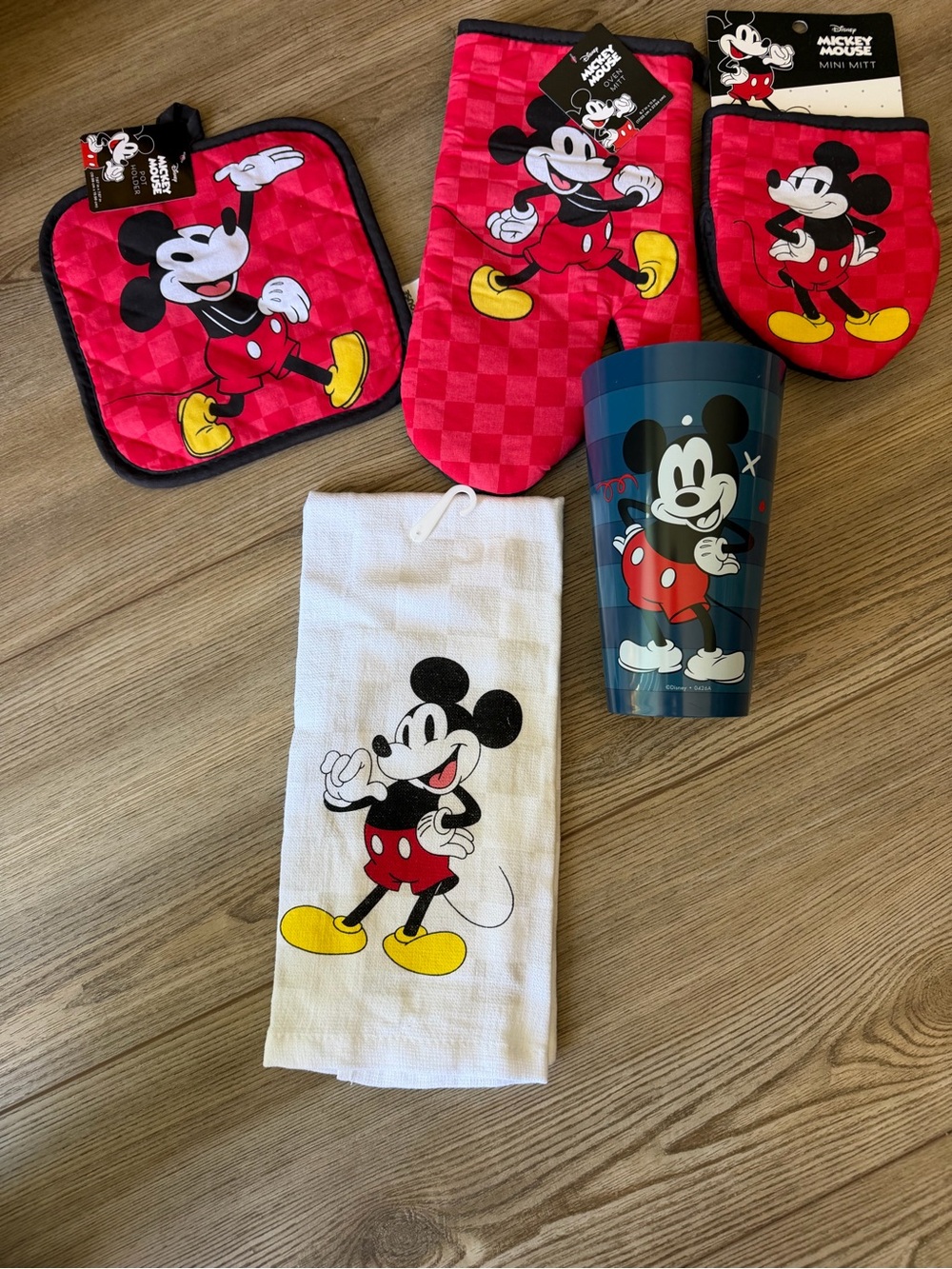Disney Mickey Mouse Red Kitchen Party Set with Blue Cup and White Towel